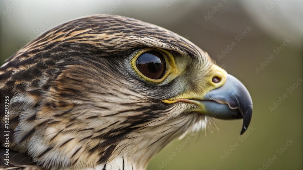 Close up profile of a peregrine falcon showing its eye beak and feathers in sharp detail and focus Close up profile of a peregrine falcon showing its eye beak and feathers in sharp detail and focus