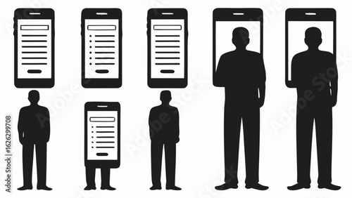 Silhouettes of people standing next to and inside of large mobile phone screens with list displays