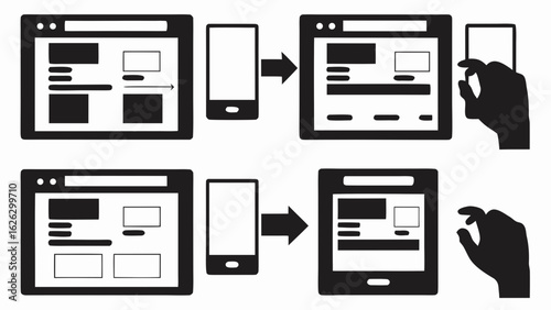 Website design process showing a desktop view transforming to a mobile view with hand gestures