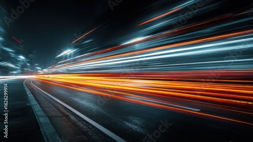 Stunning photo of car motion trails. Speed light streaks background with blurred fast moving light effect, Racing cars dynamic flash effects city road with long exposure night.