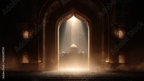 Bright light emanating from outside the arch illuminates the dark mosque.