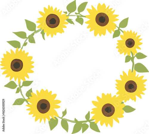 Vibrant yellow sunflower wreath with green leaves forming a circular decorative frame