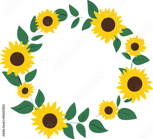 A charming circular wreath composed of bright yellow sunflowers and lush green leaves