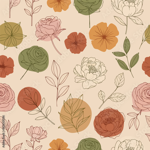 Bohemian floral seamless pattern with line art roses and peonies in muted earthy colors