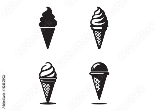 Cone Ice cream logo silhouette vector, Ice cream logo icon silhouette, black silhouette ice cream soft logo design, vintage black and white ice cream silhouette vector isolated on white background