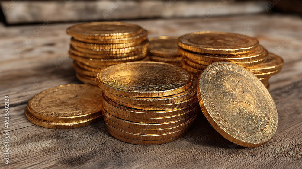 Theme of money and earnings shown by gold coins on wooden table with investment focus Theme of money and earnings shown by gold coins on wooden table with investment focus