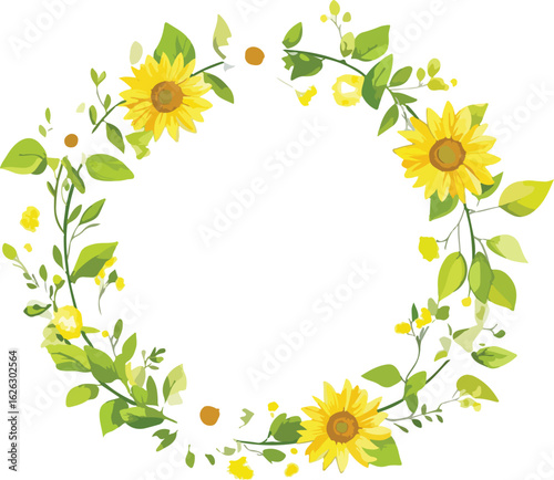 Hand painted watercolor wreath of vibrant yellow sunflowers and lush green leaves on white background