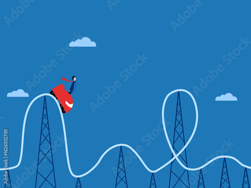 businessman rides a volatile roller coaster