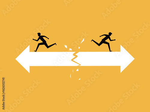 Two businessmen part ways as arrows point in opposite directions.
