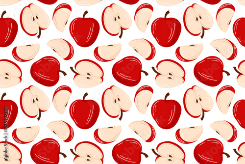 Seamless pattern with red apple slice in flat style on white background. Perfect for kitchen or bed linen textile and autumn harvest design.