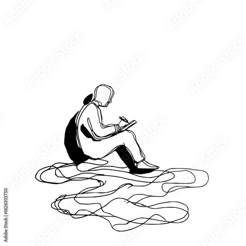 Illustration of a person writing or drawing in a notebook sitting on abstract lines art design drawing
