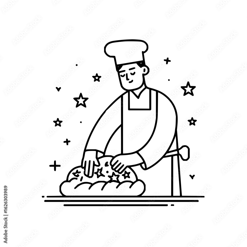 Obraz premium Illustration of baker kneading dough with star toppings for bakery shop or baking class promotion