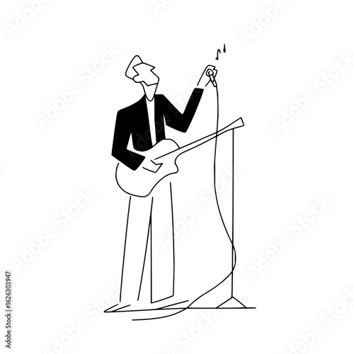 Guitarist performing live on stage with microphone stand and music notes in minimalist illustration style