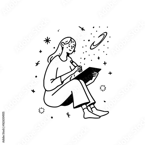 Woman artist drawing space galaxy illustration on tablet creative design digital art concept vector image