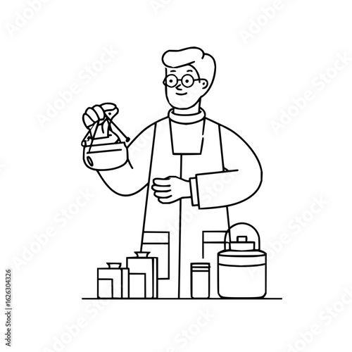 Illustration of scientist or chemist in lab coat holding flask in laboratory experiment research, 100 char