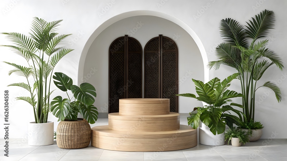 Tiered wooden display podium surrounded by lush tropical plants Tiered wooden display podium surrounded by lush tropical plants