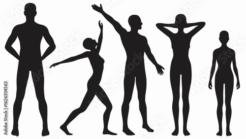 Silhouettes of five people in various poses including standing stretching and hands behind the head