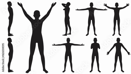 Silhouettes of people in various poses with arms raised and outstretched on a white background design