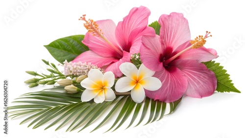 Tropical flower arrangement with pink hibiscus and plumeria