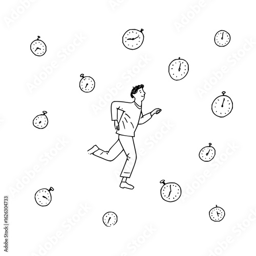 Running out of time concept illustration showing man running surrounded by clocks time management deadline stress