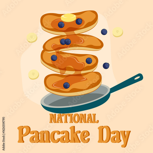 National Pancake Day. Pancakes are tossed in a frying pan. The pancake is in the air. 