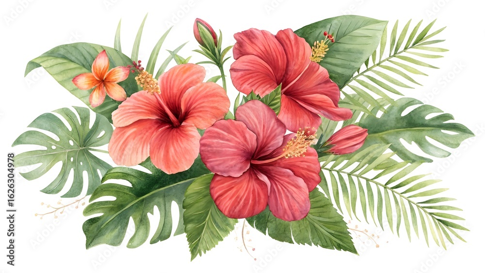 Fototapeta premium Watercolor hibiscus flowers and tropical leaves arrangement