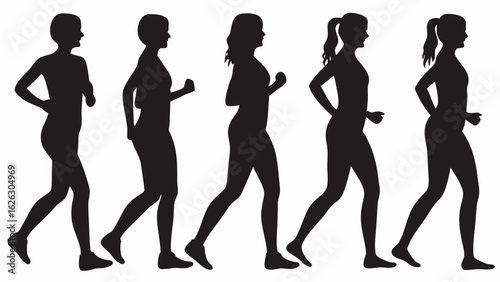 Silhouettes of five women in various stages of walking or running against a white background image view