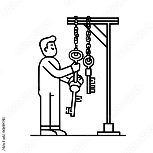 Illustration of a person reaching for a set of keys hanging from a chain on a metal frame structure