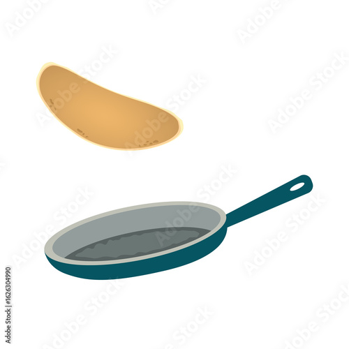 A pancake in a frying pan. Concept: world Pancake Day, preparation, recipe. 