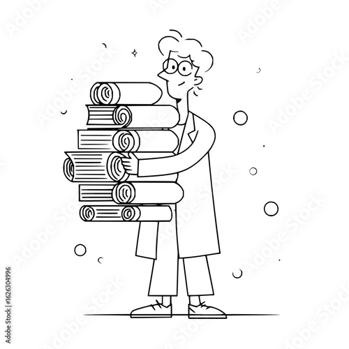 Cartoon man with glasses and coat carrying a stack of rolled documents or books in black and white style