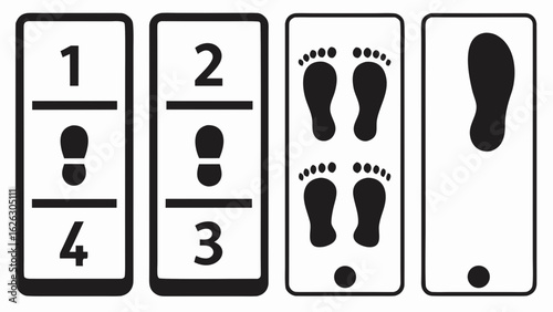 Illustration depicting foot placement guide with numbered steps and footprint indicators for proper positioning