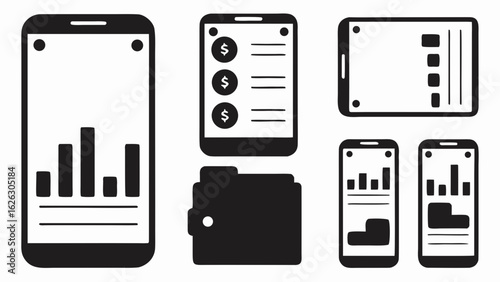 Illustration of mobile phones displaying financial charts and a wallet on a white background
