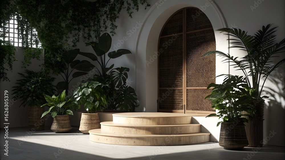 Fototapeta premium Wooden display platform with cascading plants and arched opening