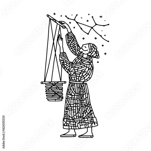 Woman in patterned robe holding scales beneath a constellation in a black and white line drawing style