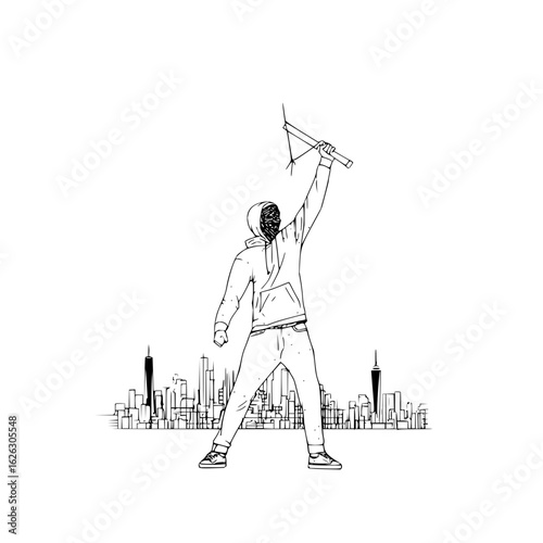 Illustration of a masked figure holding a weapon with a city skyline in the background in black and white