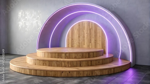 Wooden stage with neon lighting and textured wall podium