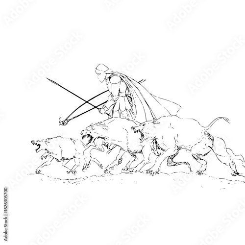 A knight in armor rides atop a chariot pulled by four ferocious beasts with sharp teeth and claws forward