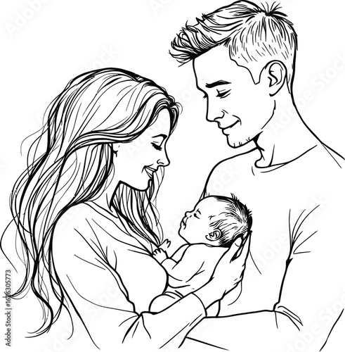Family Bonding Line Art – Two Adults Holding a Swaddled Baby in a Tender Moment of Love, Care, and Connection