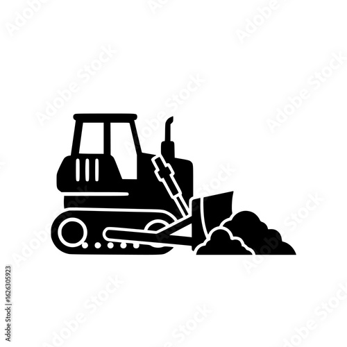 Bulldozer pushing dirt and excavating site with heavy machinery moving earth constructing road