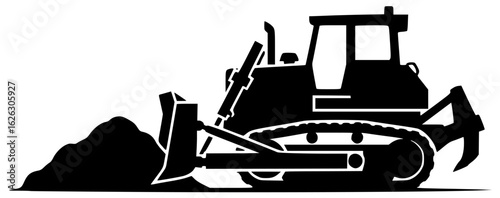 Bulldozer pushing dirt and excavating site with heavy machinery moving earth constructing road