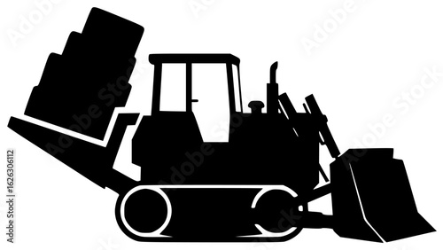 Bulldozer pushing dirt and excavating site with heavy machinery moving earth constructing road
