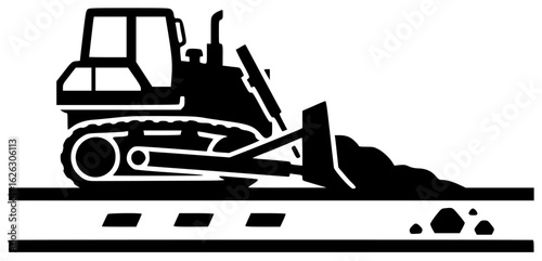 Bulldozer pushing dirt and excavating site with heavy machinery moving earth constructing road