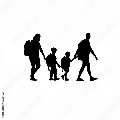 Parents carrying backpacks, holding kids' hands