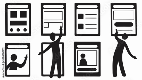 Illustrations of people holding up interface designs with various layouts and content elements shown
