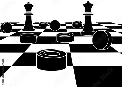 Checker pieces scattered on the board and forming a prime with Checker pieces jumping over each other creating strong defense making strategic moves setting up traps executing clever maneuvers block
