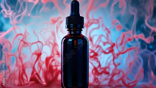 A black dropper bottle stands prominently as swirling red and blue smoke patterns intensify dynamically around it