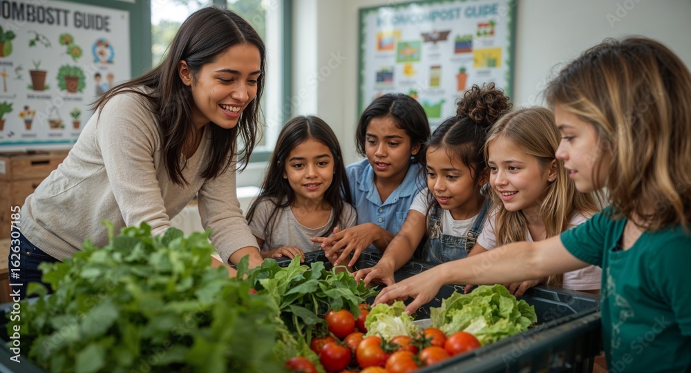 Fototapeta premium A teacher and a group of children looking at fresh vegetables in a container in a classroom setting