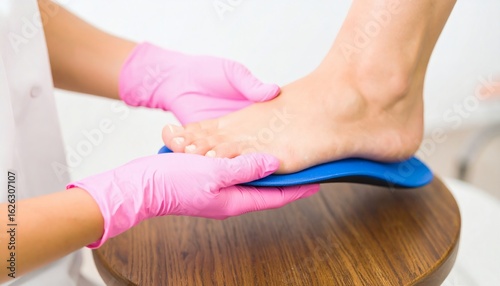 Podiatrist professional fitting a custom orthopedic insole to a patient's foot for arch support