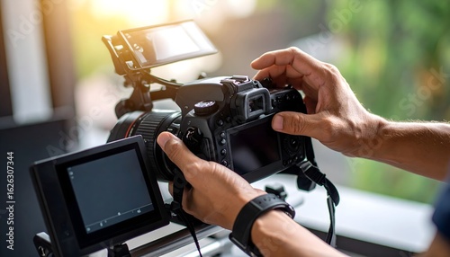 Close-up of a person's hands operating and adjusting a professional video camera with an external monitor, illuminated by natural light.