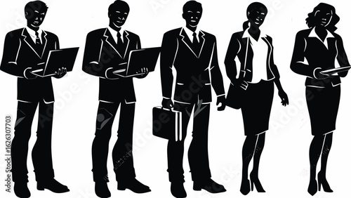 Silhouette illustration of five business professionals in formal attire and holding devices in black and white